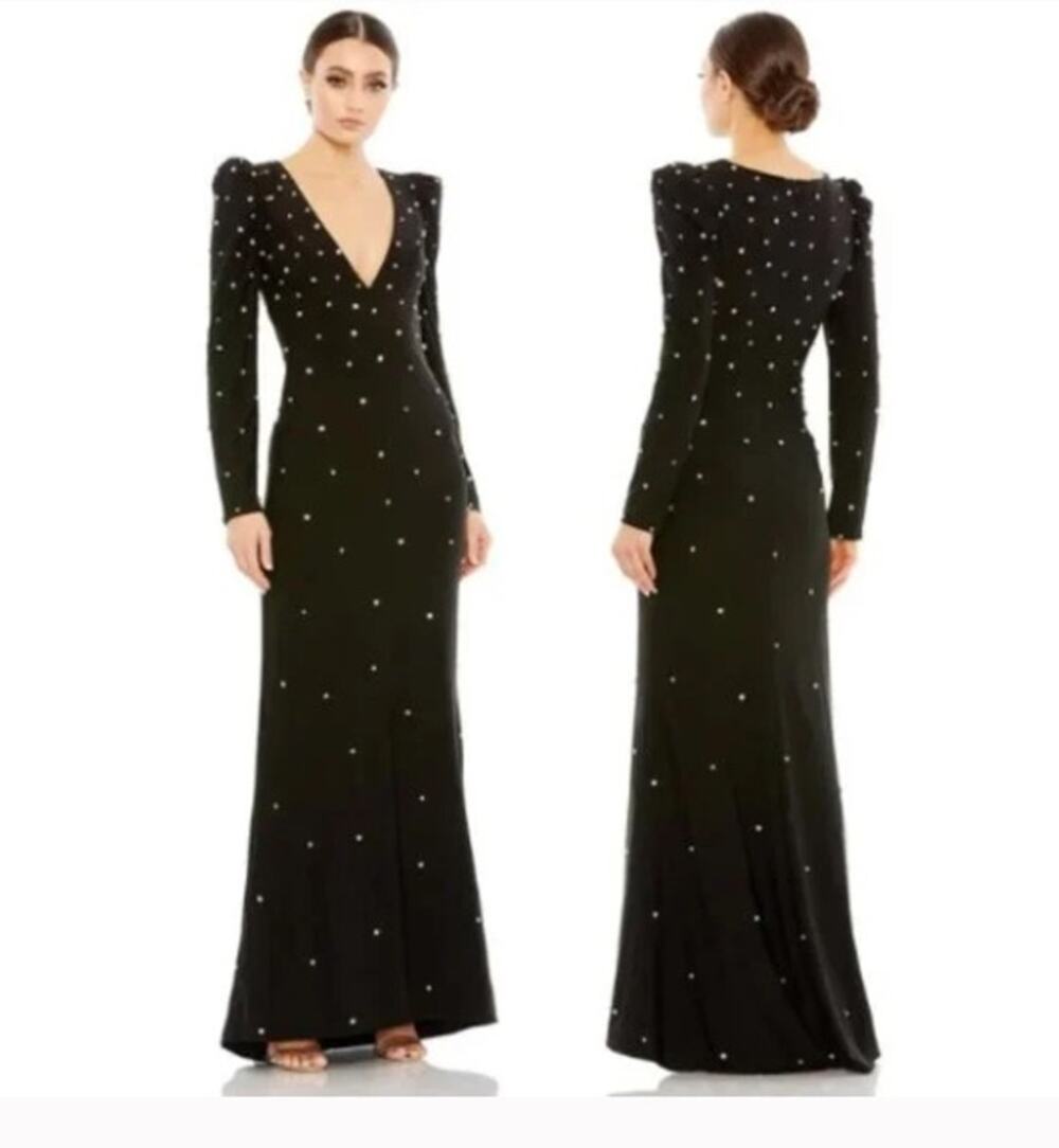MAC DUGGAL 55797 Black Rhinestone Encrusted Long Sleeve V-Neck Jersey Gown sz 6